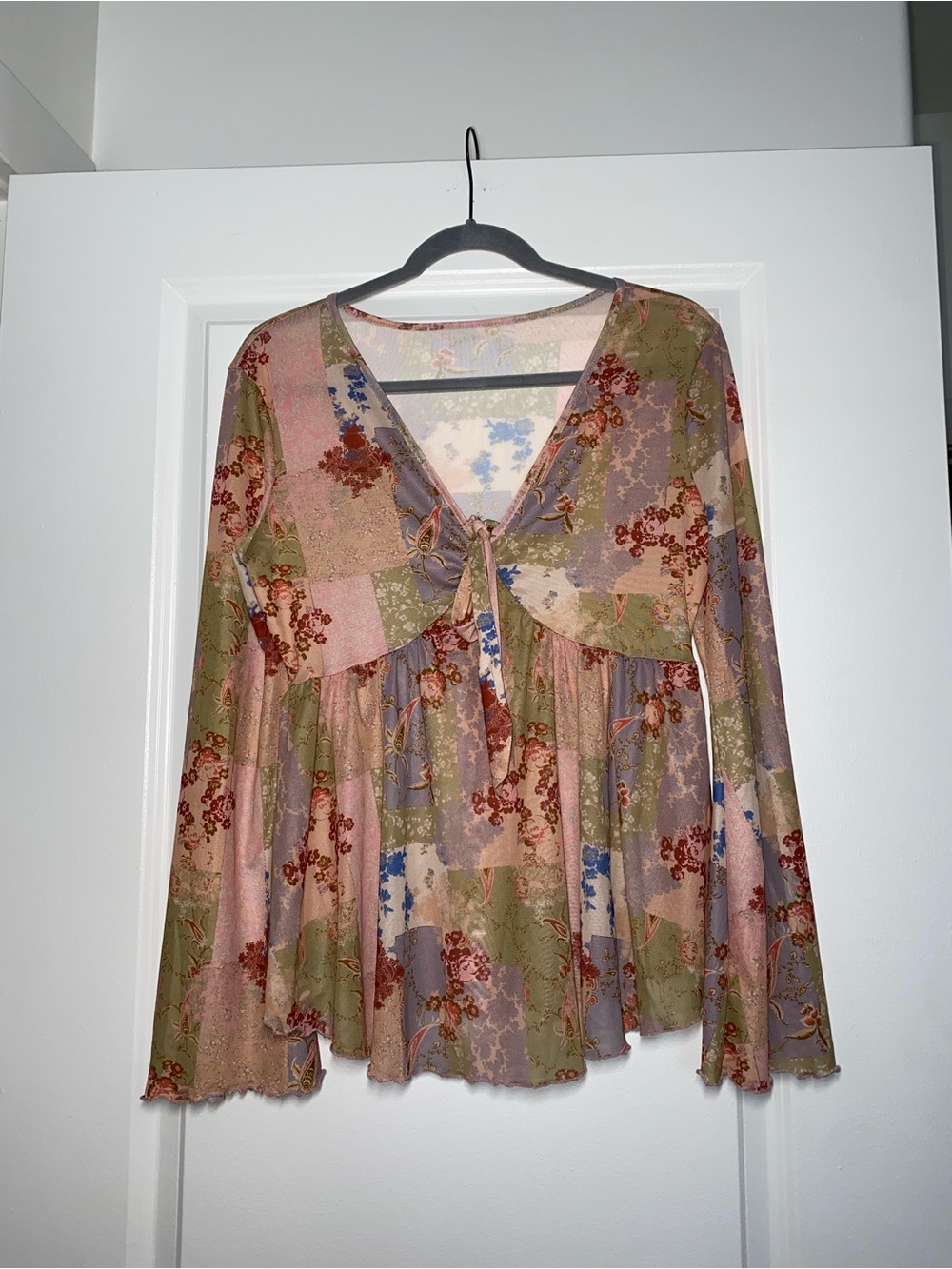 SHEIN Multi-Color Patchwork Floral Tie-Front Blouse
